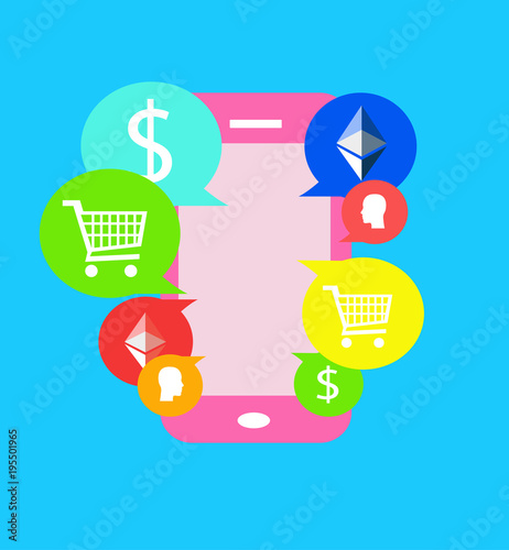 Ethereum bitcoin network exchange  on mobile phone icon, info graphic