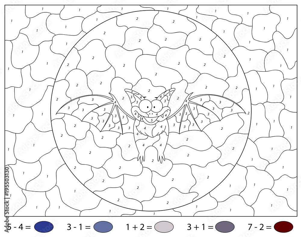 Cartoon funny bat. Color by number educational game for kids Stock