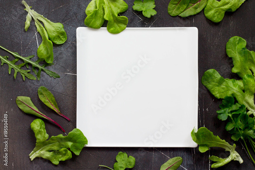 Food background. White square plate and various lettuce leaves, rosemary and thyme on a dark slate table. Copy space, top view flat lay background. Diet, concept of vegetarian food.