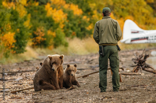 Park ranger trying to scare away mama-bear with her cubs. photo