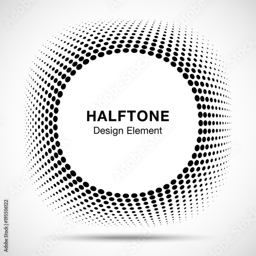 Convex distorted black abstract vector circle frame halftone dots logo emblem design element for new technology pattern background. Round border Icon using halftone circle dots raster texture. Vector 