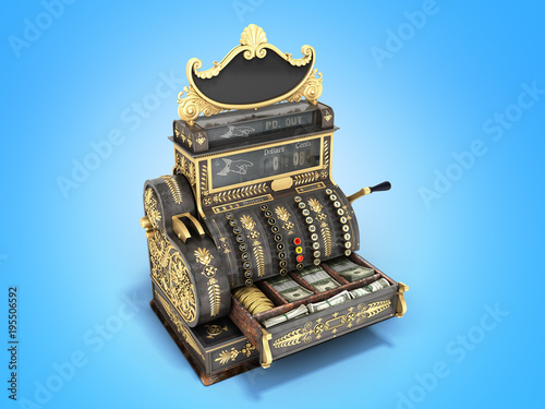 Old vintage cash register 3d render on blue background