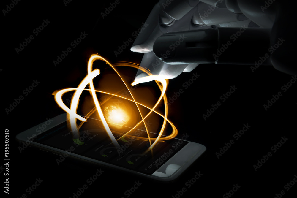 Quantum super computer future technology concept. Artificial intelligence robot hand using smart phone with science yellow shining cosmic atom nuclear popup.