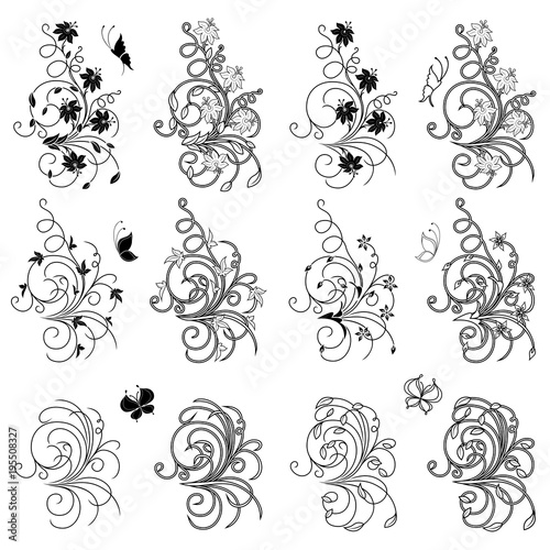 Set of floral and butterflies design elements