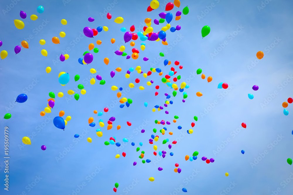 Flying multi-colored helium balloons without ribbons background the blue sky - obrazy, fototapety, plakaty 