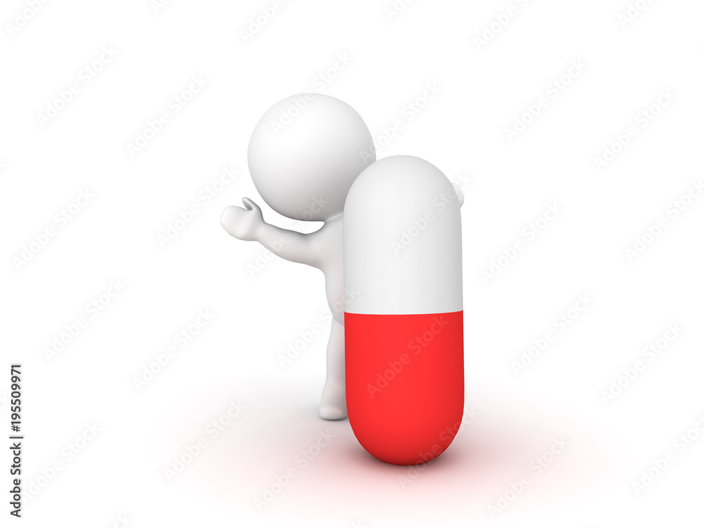 3D Character waving from behind large red white capsule 3D Character waving from behind large red white capsule