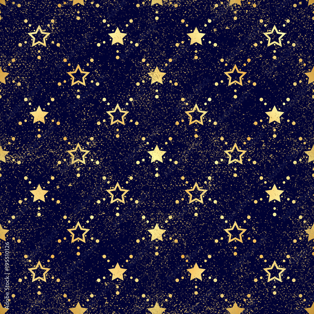 Gold star seamless pattern. Abstract blue modern seamless pattern with gold confetti stars. Shiny background. Texture of gold foil. Gold star seamless pattern. Abstract blue modern seamless pattern with gold confetti stars. Shiny background. Texture of gold foil.