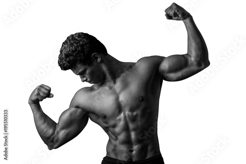 Highly retouched black and white fitness model and bodybuilder posing the biceps, shoulder, chest and abs. concept of strength and power. Isolated on white background. Copy space.