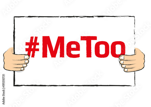 Hand holding sign board with Metoo hashtag word, isolated on white. Me too movement. Anti sexism protest against inappropriate behavior towards women. Vector background.