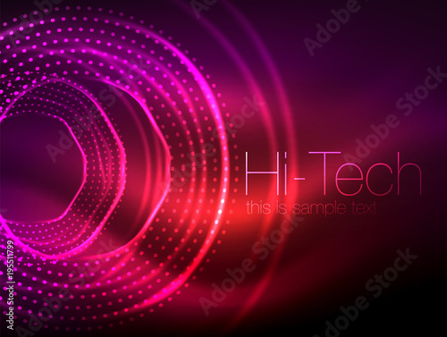 Magic neon circle shape abstract background, shiny light effect template for web banner, business or technology presentation background or elements, vector illustration