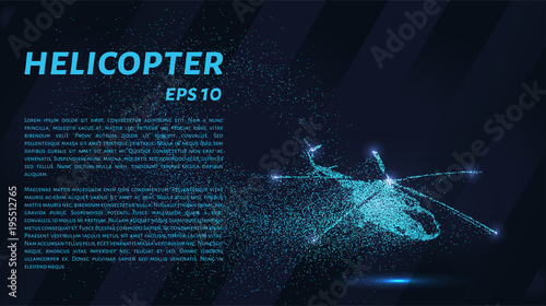 The helicopter of the particles. The silhouette of the helicopter consists of small circles and dots. Vector illustration.