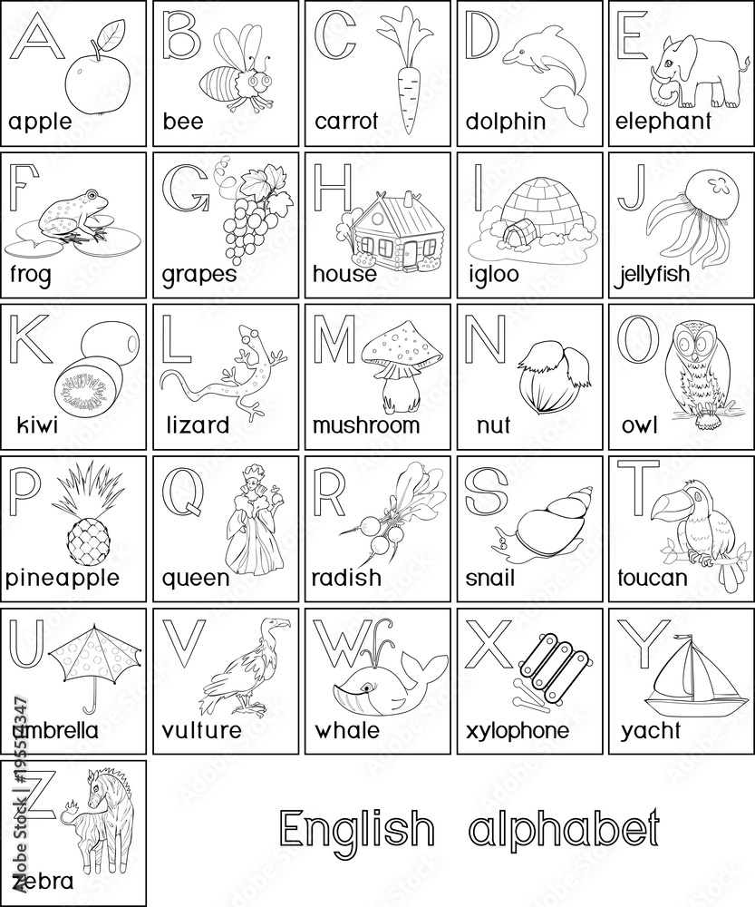 Coloring page. English alphabet with pictures and titles for children education Coloring page. English alphabet with pictures and titles for children education