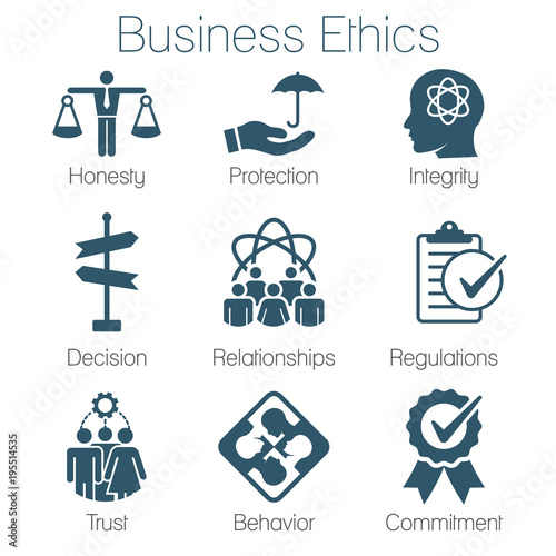 Business Ethics Solid Icon Set with Honesty, Integrity, Commitment, and Decision