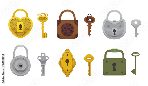 Set of vintage keys and locks. Vector illustration cartoon padlock. Secret, mystery or safe icon.