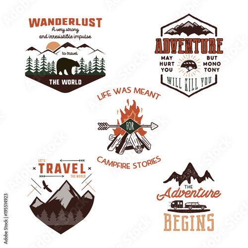 Vintage adventure tee shirts designs, summer logo set. Hand drawn travel labels. Mountain explorer, wanderlust, expedition emblems. Summer logo. Isolated on white background. Vector illustration