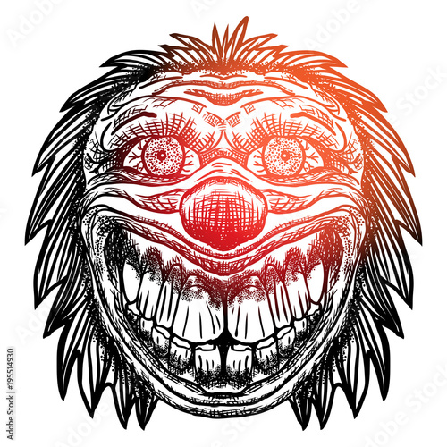 Blackwork adult flesh tattoo concept of devil clown head inspired by nightmare and satanic influence. Scary clown face with smile. Possessed by demon smiling mascot. Vector.