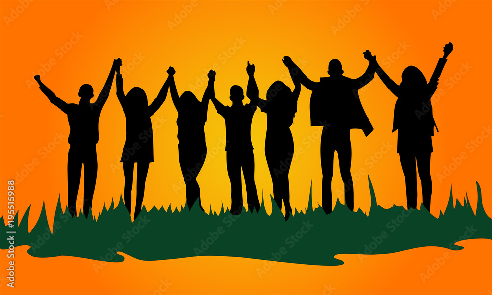 silhouette image of group of young people holding hands up, friendly