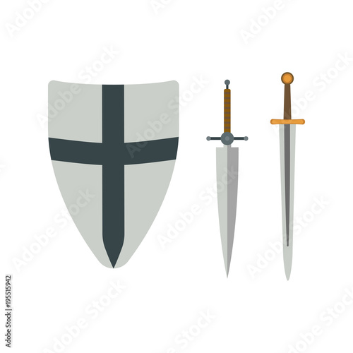 Set of different medieval weapons vector flat illustrations.