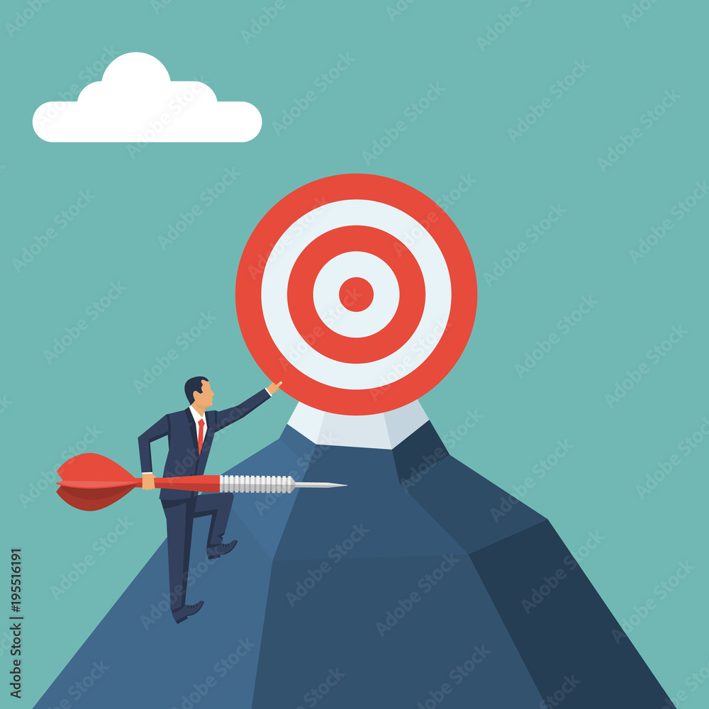 Businessman climbs uphill with an arrow in hand to reach the goal. Aim in business concept. Target at top. Vector illustration flat design. Aspirational people. Mission achieved. Achievement goal. Businessman climbs uphill with an arrow in hand to reach the goal. Aim in business concept. Target at top. Vector illustration flat design. Aspirational people. Mission achieved. Achievement goal.