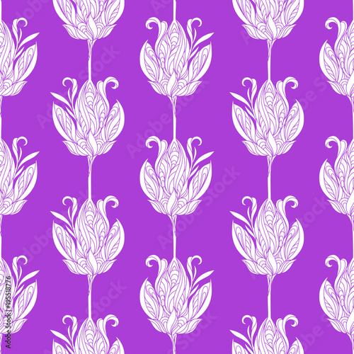 Seamless floral abstract pattern. Colorful print composed of white line flowers on purple background.