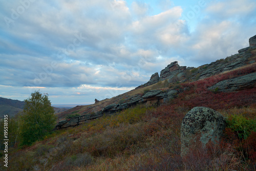 Autumn on the Ku mountain range. A mountain range is a series of mountains or hills ranged in a line and connected by high ground. 