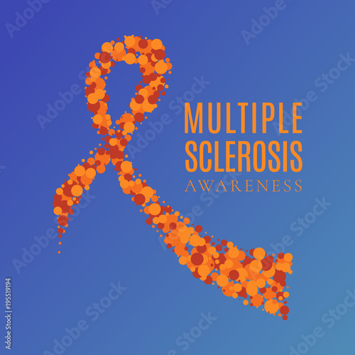 Multiple sclerosis ribbon awareness poster with an orange bow made of dots on blue background. Central nervous system disease. Medical concept. Vector illustration.
