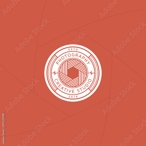 Creative photography studio badge or label design, Logo for studio and photographer or videographer with camera lens symbol. Photography logo template