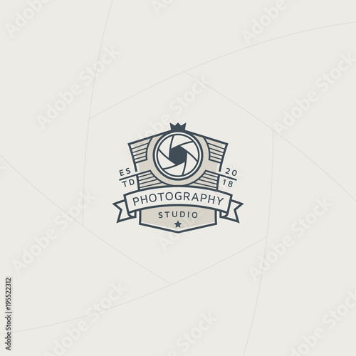 Retro photography badge or label design, Logo for studio and photographer or videographer with shield symbol and camera lens symbol. Photography logo template