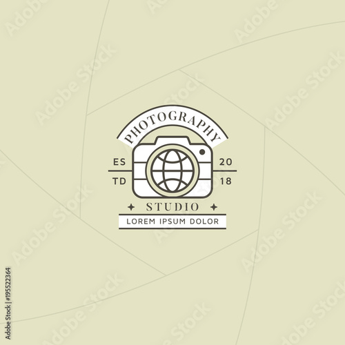Travel photography badge or label design, Logo for studio and travel photographer or videographer with camera and globe symbol. Photography logo template