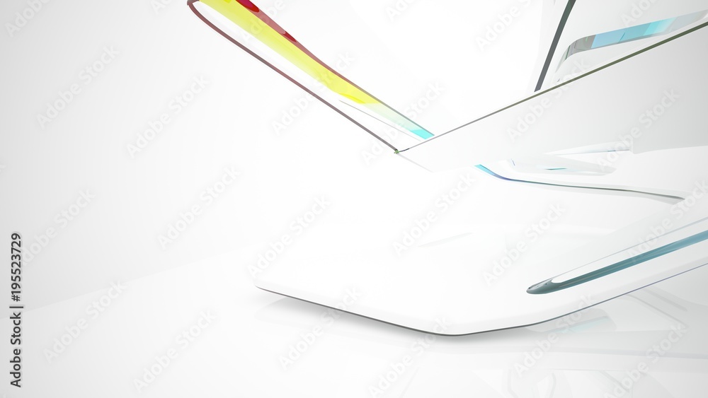 Naklejka premium Abstract white and colored gradient glasses interior multilevel public space with window. 3D illustration and rendering.
