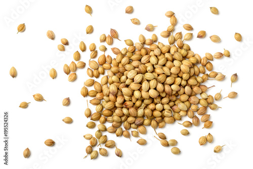 closeup of dried coriander seeds isolated on white, top view