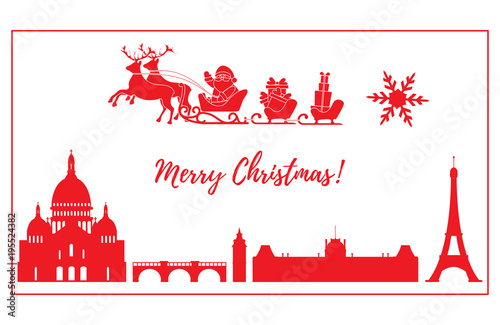 Santa Claus in sleigh with deers flying over Paris