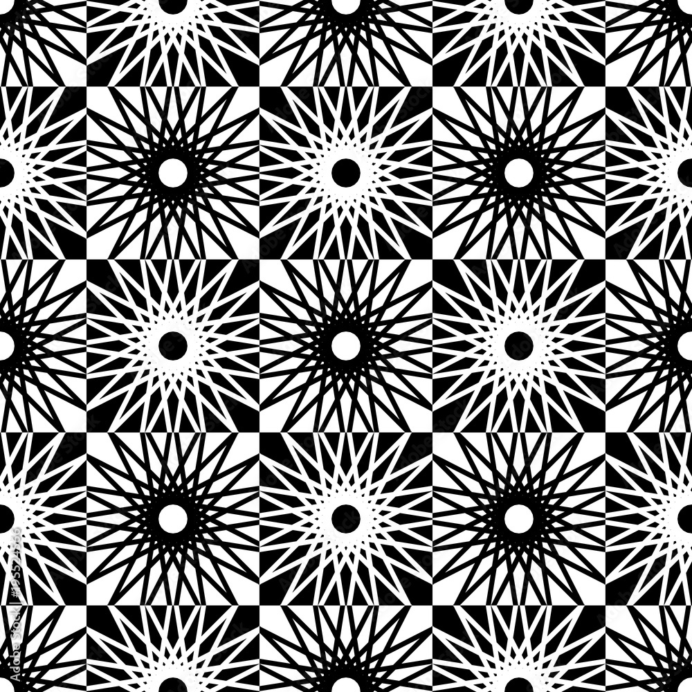 Abstract vector seamless op art pattern. Monochrome graphic black and white ornament. Striped optical illusion repeating texture