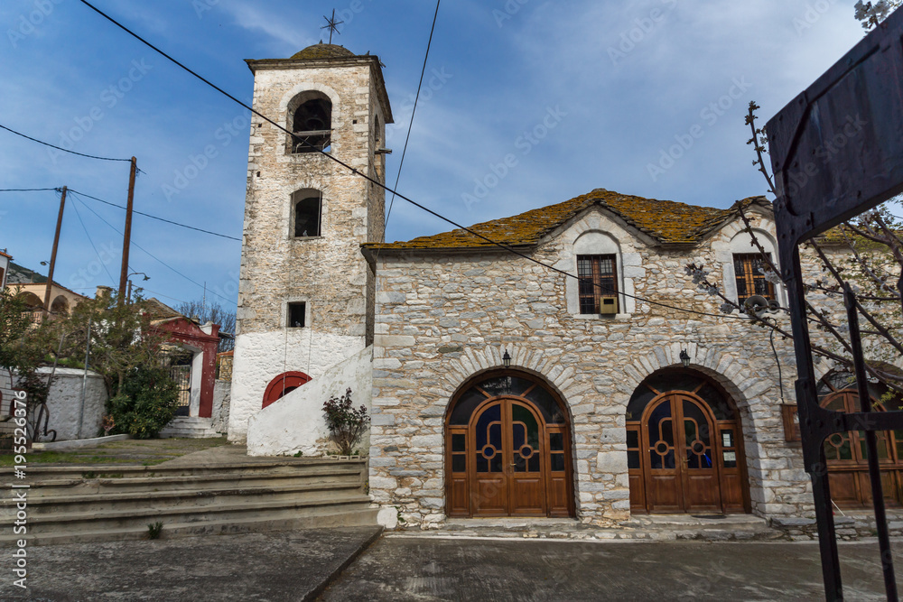 Obraz premium Bell Tower of Orthodox church with stone roof in village of Theologos,Thassos island, East Macedonia and Thrace, Greece 