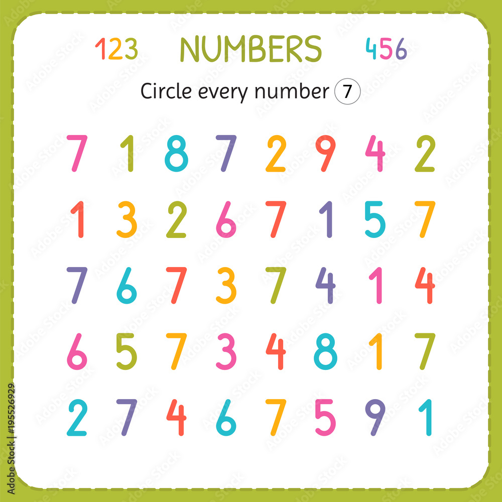 circle every number seven numbers for kids worksheet for kindergarten and preschool training to write and count numbers exercises for children stock vector adobe stock