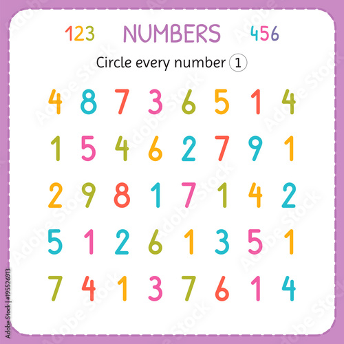 Circle every number One. Numbers for kids. Worksheet for kindergarten and preschool. Training to write and count numbers. Exercises for children