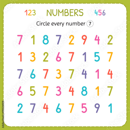 Circle every number Seven. Numbers for kids. Worksheet for kindergarten and preschool. Training to write and count numbers. Exercises for children