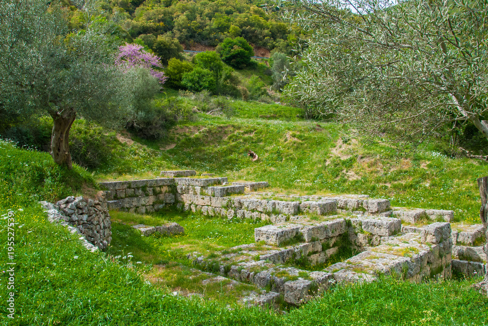 The ancient city Gortys (Gortyna) was located in the valley of the Lousios river in Arcadia of Peloponnese Greece. Ancient Gortys was known for its Temple of Asclepius.