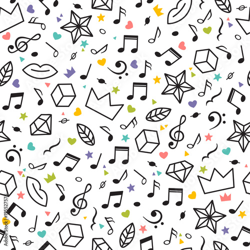 Doodle seamless pattern with music notes, hearts, stars and other geometric elements. Music theme. Modern hand drawn background