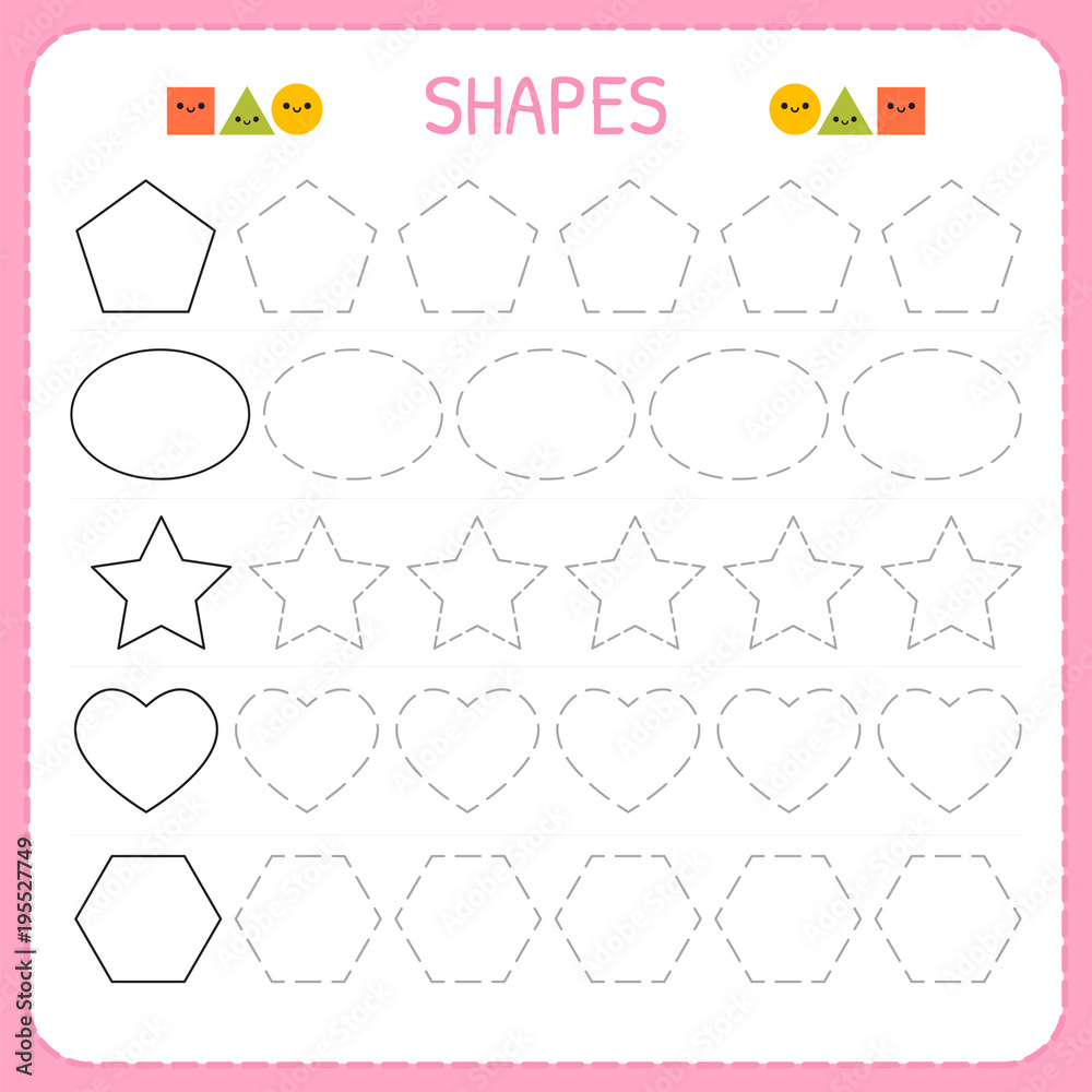 Learn Shapes And Geometric Figures. Preschool Or Kindergarten Worksheet For Practicing Motor Skills. Tracing Dashed Lines For Kids Stock Vector | Adobe Stock