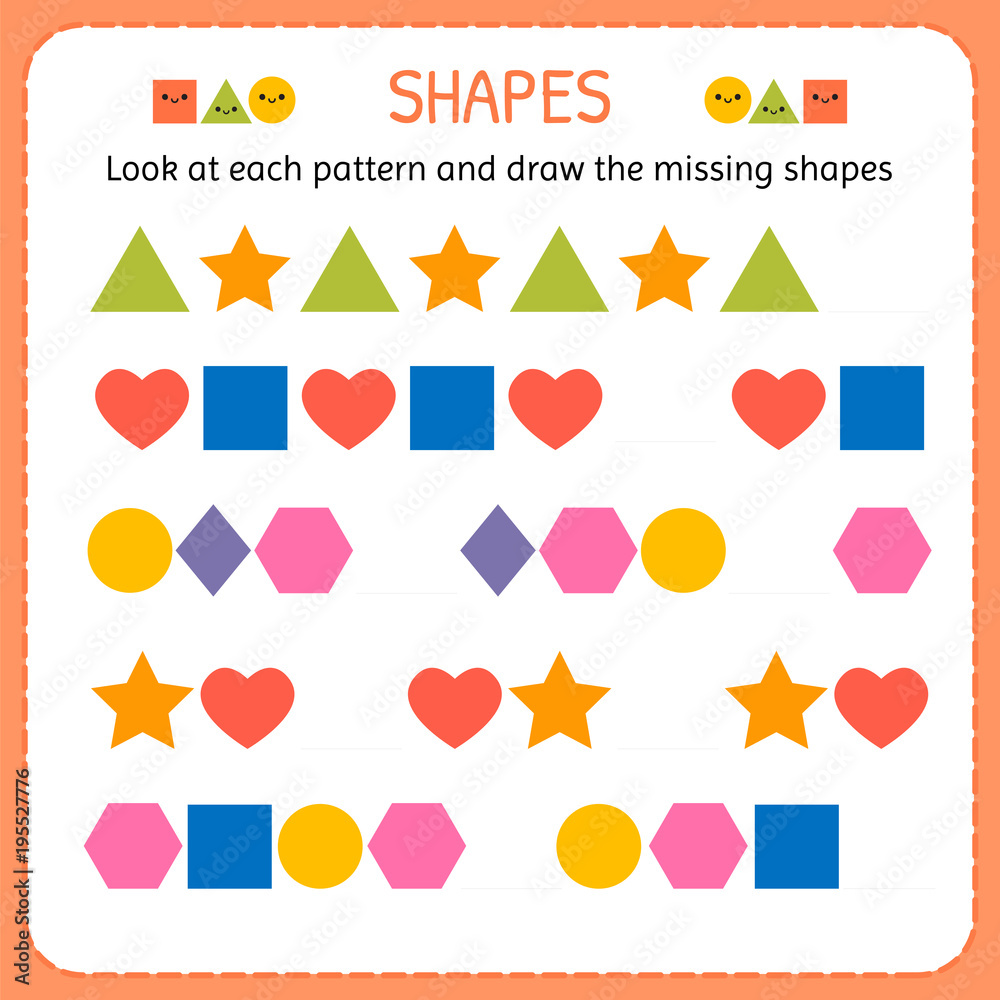 Look at each pattern and draw the missing shapes. Learn shapes and geometric figures. Preschool or kindergarten worksheet