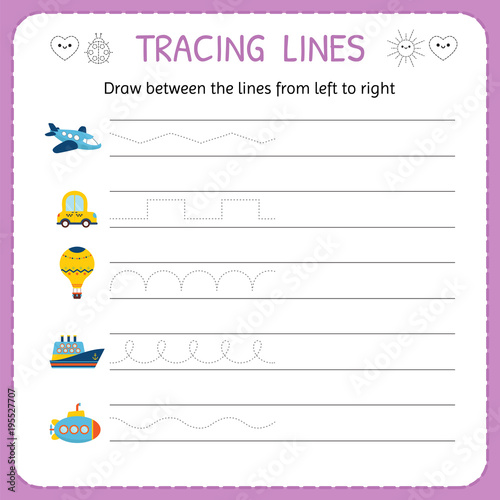 Draw between the lines from left to right. Preschool, kindergarten worksheet for practicing motor skills. Trace line worksheet for kids