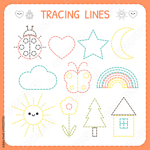 Kindergartens educational game for kids. Preschool tracing worksheet for practicing motor skills. Dashed lines