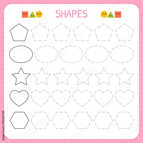 Learn shapes and geometric figures. Preschool or kindergarten worksheet for practicing motor skills. Tracing dashed lines for kids