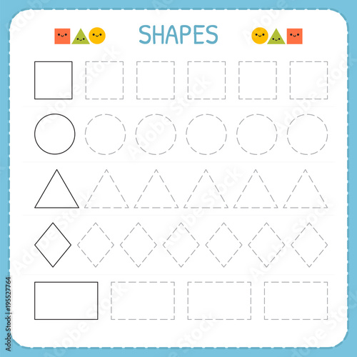 Learn shapes and geometric figures. Preschool or kindergarten worksheet for practicing motor skills. Tracing dashed lines