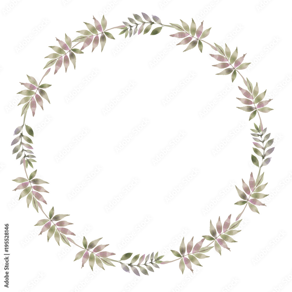 wreath of leaves and twigs green tender colors. illustration of a watercolor