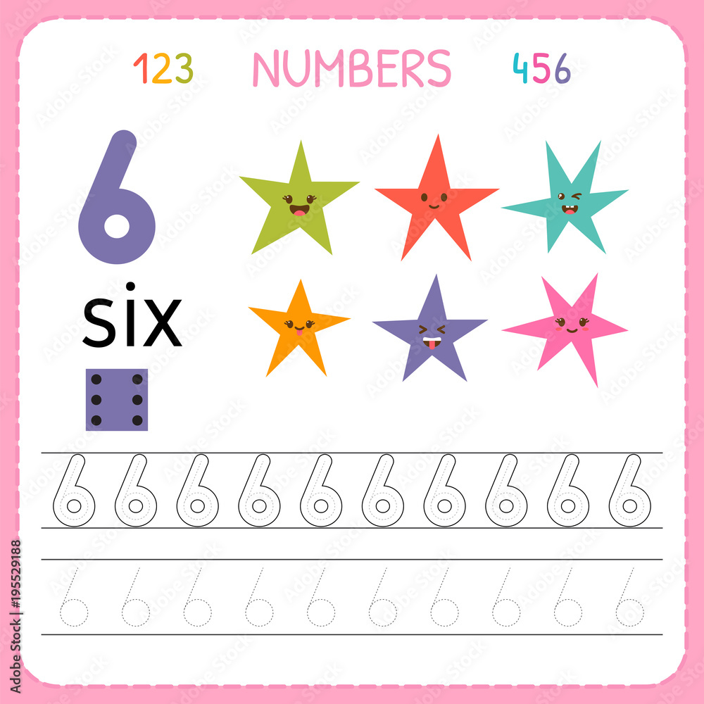 numbers tracing worksheet for preschool and kindergarten writing number six exercises for kids mathematics games stock vector adobe stock