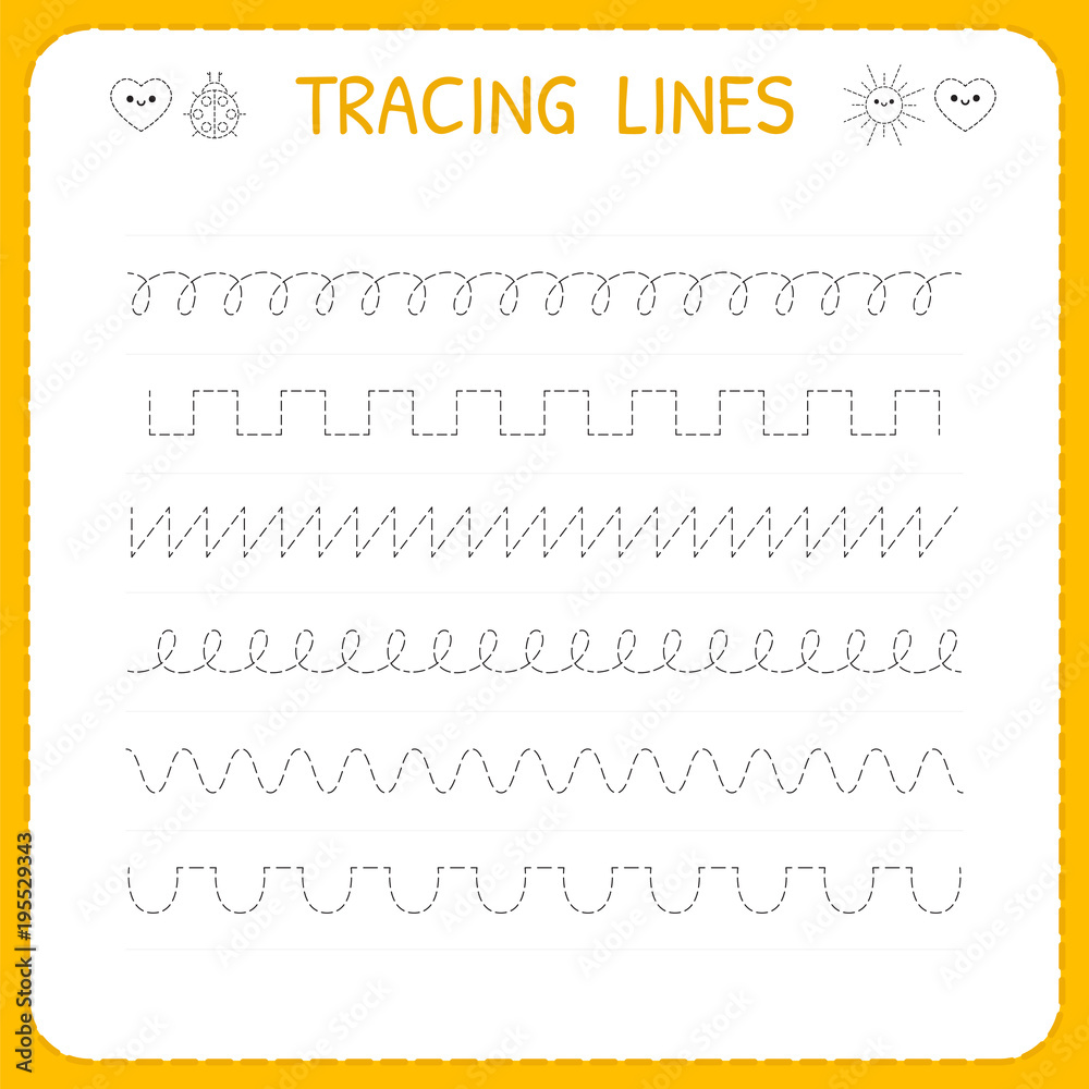 Trace line worksheet for kids. Basic writing. Working pages for children. Preschool or kindergarten worksheet. Trace the pattern Trace line worksheet for kids. Basic writing. Working pages for children. Preschool or kindergarten worksheet. Trace the pattern