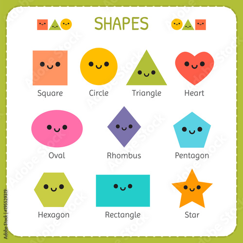 Set of smiling geometric figures. Comic cartoon characters for children education. Basic geometric shapes