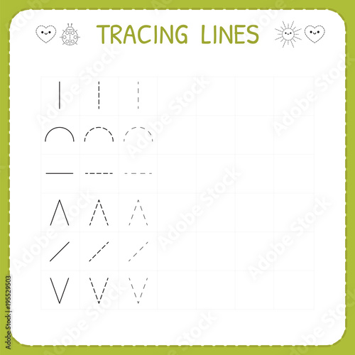Trace line worksheet for kids. Working pages for children. Preschool or kindergarten worksheet. Trace the pattern. Basic writing